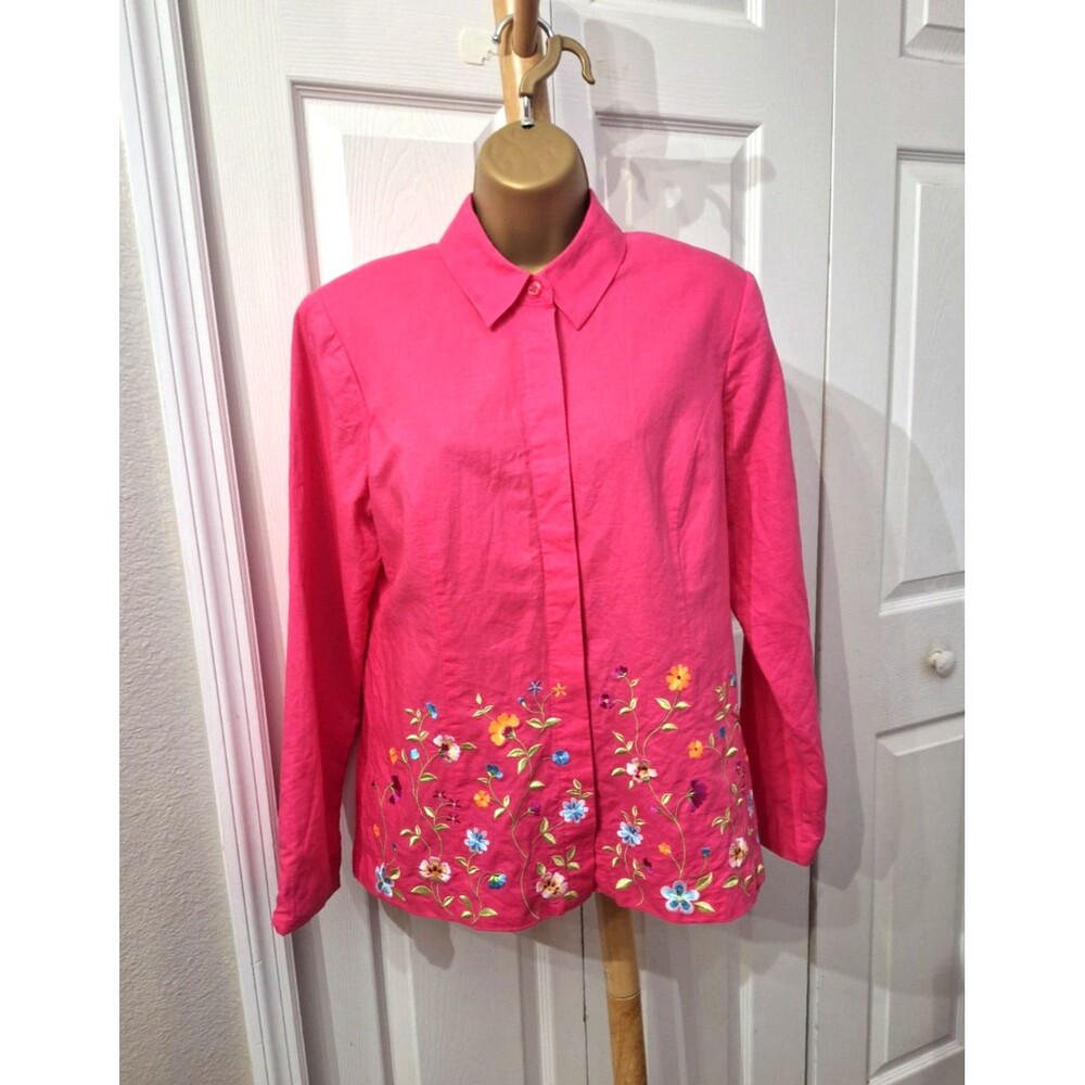 Jessica Holbrook Embroidered Pink Floral Button Top Small Linen Cotton Cottage
